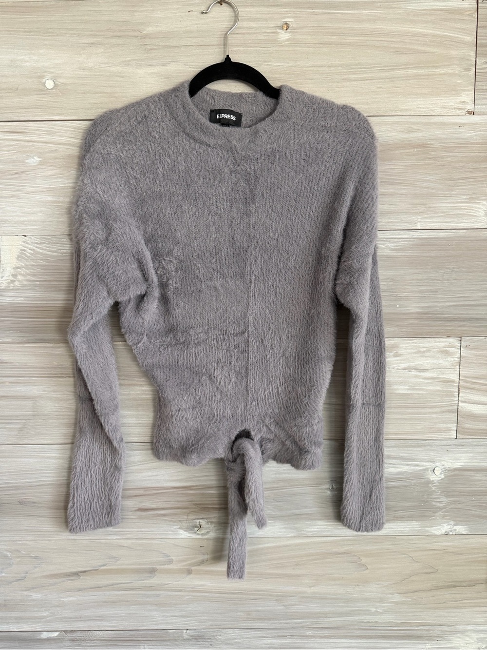 Express Women’s Tie-Hem Fuzzy Crewneck Sweater - Gray